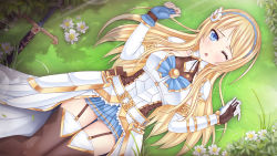 Rule 34 | 1girl, armor, armored dress, belt, belt buckle, blonde hair, blue bow, blue eyes, blue gloves, blue skirt, bow, buckle, corset, crystalline, detached sleeves, faulds, fingerless gloves, flower, from above, garter straps, gauntlets, gloves, gold trim, grass, hair ornament, hairband, highres, leanna dawn, lying, on back, one eye closed, open mouth, panties, pantyshot, pauldrons, sheath, sheathed, shoulder armor, single fingerless glove, single gauntlet, skirt, solo, sunimu, sword, thighhighs, underwear, weapon, white armor