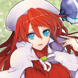 Rule 34 | 1girl, aty, aty (summon night), bad id, bad pixiv id, blue eyes, book, breasts, cape, covered erect nipples, hat, medium breasts, pupps, red hair, ribbed sweater, solo, summon night, summon night 3, sweater