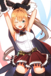 Rule 34 | &gt;;d, 10s, 1girl, arito arayuru, arm up, armpits, bad id, bad pixiv id, black gloves, black thighhighs, blonde hair, cape, clarisse (granblue fantasy), gloves, granblue fantasy, green eyes, highres, looking at viewer, one eye closed, open mouth, skirt, sleeveless, smile, solo, thighhighs, v-shaped eyebrows