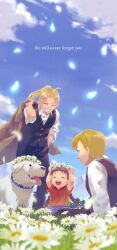 Rule 34 | 1girl, 2boys, :d, ^ ^, absurdres, aged up, ahoge, alexander (fma), alphonse elric, arms up, black vest, blonde hair, blurry, blush stickers, braid, brothers, brown hair, child, closed eyes, closed mouth, collared shirt, commentary request, day, depth of field, dog, edward elric, english text, facing another, falling petals, flower, flower wreath, fullmetal alchemist, grass, grin, happy, head wreath, highres, looking at another, low twin braids, medium hair, multiple boys, nina tucker, on grass, open mouth, outdoors, petals, ponytail, red shirt, shirt, short hair, siblings, sitting, smile, spoilers, standing, teeth, tongue, tongue out, twin braids, upper teeth only, v-shaped eyebrows, vest, white flower, white shirt, yono 999