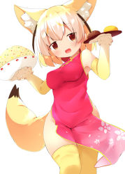 Rule 34 | 10s, 1girl, :d, alternate costume, animal ears, blonde hair, bowl, brown eyes, china dress, chinese clothes, commentary request, dress, elbow gloves, extra ears, eyes visible through hair, fennec (kemono friends), food, fox ears, fox tail, gloves, highres, japari bun, japari symbol, kemono friends, looking at viewer, makuran, medium hair, multicolored hair, open mouth, pink dress, rice, side slit, simple background, smile, solo, tail, thighhighs, tray, white background, white hair, yellow thighhighs