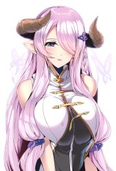 Rule 34 | 10s, 1girl, bare arms, bare shoulders, between breasts, breasts, breasts squeezed together, bug, butterfly, draph, eyelashes, granblue fantasy, hair ornament, hair over one eye, highres, horns, insect, large breasts, light purple hair, long hair, looking at viewer, minamon (vittel221), narmaya (granblue fantasy), parted lips, pink lips, pointy ears, purple eyes, purple hair, sleeveless, smile, solo, upper body, white background