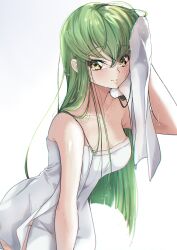 Rule 34 | 1girl, absurdres, arm at side, bare shoulders, blunt ends, blush, breasts, budgiepon, c.c., cleavage, closed mouth, code geass, collarbone, commentary, cowboy shot, crossed bangs, curvy, drying, drying hair, eyelashes, glint, green hair, groin, hair between eyes, hair over shoulder, hand up, highres, lips, long hair, looking at viewer, medium breasts, naked towel, simple background, smile, solo, standing, straight hair, towel, very long hair, wet, wet hair, white background, white towel, wiping face, yellow eyes