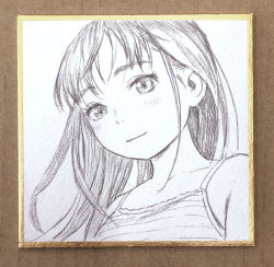 Rule 34 | 1girl, absurdres, bare shoulders, border, character request, close-up, closed mouth, from below, graphite (medium), highres, light blush, light smile, long hair, looking at viewer, looking down, monochrome, murata range, shikishi, shirt, sleeveless, sleeveless shirt, solo, to-y, traditional media, upper body