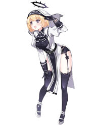 Rule 34 | 1girl, :d, absurdres, alternate hair color, ankle ribbon, ascot, belt, black ascot, black belt, black gloves, black panties, black shirt, black thighhighs, blonde hair, breasts, closers, coif, collared shirt, spiked halo, dress, full body, garter straps, gloves, habit, halo, hand on headwear, hand on own thigh, hand up, highres, impossible clothes, impossible dress, juliet sleeves, lace, lace-trimmed thighhighs, large breasts, leaning forward, leg ribbon, legs apart, levia (closers), long sleeves, looking ahead, mary janes, no pupils, nun, official art, open mouth, panties, pantyshot, pelvic curtain, pigeon-toed, pointy ears, puffy sleeves, purple eyes, ribbon, shirt, shoes, short hair, smile, solo, standing, tachi-e, teeth, thighhighs, thighs, underwear, upper teeth only, white background, white dress, white footwear, white halo, white headwear, white ribbon, wing collar, zettai ryouiki