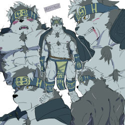 Rule 34 | 1boy, abs, absurdres, ainu, animal ears, back, bad id, bad pixiv id, bara, bare pectorals, blood, blood from mouth, blush, chest hair, collage, cropped torso, from below, furry, furry male, grey fur, grey hair, headband, highres, horkeu kamui, jacket, jacket on shoulders, large pectorals, looking back, male focus, muscular, muscular male, navel, neumo, nipples, pectorals, pelvic curtain, saliva, scar, scar on arm, scar on chest, scar on leg, short hair, standing, stomach, tail, tokyo houkago summoners, white fur, wolf boy, wolf ears, wolf tail, yellow eyes