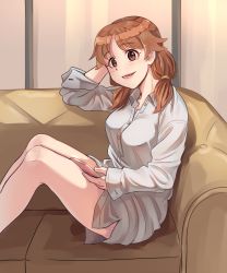 Rule 34 | 1girl, blush, bottomless, breasts, brown eyes, brown hair, cellphone, collarbone, highres, holding, holding phone, idolmaster, idolmaster cinderella girls, kamille (vcx68), katagiri sanae, large breasts, looking at viewer, open mouth, phone, short hair, smile, solo