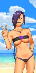Rule 34 | 1girl, bare shoulders, beach, bikini, blue sky, braid, braided ponytail, breasts, cessa, chikujouin magane, cloud, cloudy sky, commission, cowboy shot, hair over one eye, hand on own hip, hand up, horizon, jewelry, large breasts, long hair, looking at viewer, navel, necklace, open mouth, re:creators, sharp teeth, sky, smile, solo, strapless, swimsuit, teeth, tube top, very long hair, w, water, yellow eyes