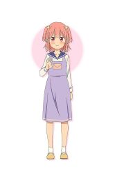 Rule 34 | 1girl, apron, closed mouth, dress, giji harem, hand up, long hair, looking at viewer, nanakura ayaka, pink eyes, pink hair, purple apron, school uniform, simple background, smile, solo, white background, white dress