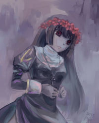 Rule 34 | 1girl, bad id, bad pixiv id, black dress, black hair, closed mouth, commentary request, cowboy shot, cross, cross necklace, dated, dress, flower, head wreath, jewelry, juliet sleeves, long hair, long sleeves, looking afar, mizu no hoshi, necklace, painterly, pink flower, priest (ragnarok online), puffy sleeves, ragnarok online, red eyes, sidelocks, solo