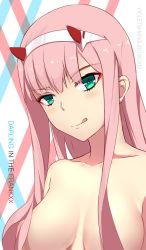 Rule 34 | 10s, 1girl, :q, absurdres, artist name, breasts, closed mouth, collarbone, copyright name, darling in the franxx, dated, eyeshadow, green eyes, hair censor, hair over breasts, hairband, head tilt, highres, long hair, looking at viewer, makeup, medium breasts, naughty face, nude, pink hair, shiny skin, solo, tongue, tongue out, upper body, very long hair, violetsang, white hairband, zero two (darling in the franxx)