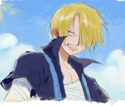 Rule 34 | 1boy, bandages, blonde hair, blue shirt, close-up, collared shirt, commentary request, curly eyebrows, hair over one eye, linerynlasgalen, looking to the side, male focus, one piece, sanji (one piece), shirt, short hair, sky, solo