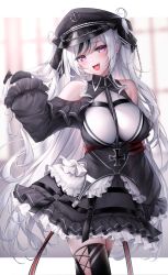 Rule 34 | 1girl, :d, azur lane, bare shoulders, black dress, black gloves, black hair, black hat, black thighhighs, blush, breasts, chain, clothing cutout, collared dress, commentary request, cowboy shot, dress, elbe (azur lane), fang, frilled dress, frills, gloves, hat, highres, holding, holding own hair, large breasts, long hair, long sleeves, looking at viewer, multicolored hair, open mouth, oyuwari, purple eyes, shoulder cutout, silver hair, smile, solo, standing, streaked hair, thighhighs, very long hair