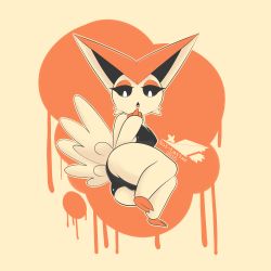 Rule 34 | 1girl, 2016, absurdres, animal ears, artist name, ass, beige background, black leotard, black sclera, breasts, colored sclera, creatures (company), dated, feet, female focus, finger to mouth, full body, furry, furry female, game freak, gen 5 pokemon, half-closed eyes, hand to own mouth, hand up, highres, laranthrod, legendary pokemon, leotard, lips, looking down, lying, mythical pokemon, nintendo, on side, open mouth, orange background, outline, personification, pokemon, pokemon (creature), pokemon bw, simple background, skindentation, small breasts, solo, tail, text focus, two-tone background, victini, watermark, white eyes
