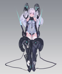 Rule 34 | 1girl, bare shoulders, dual persona, elbow gloves, energy sword, full body, garter straps, gloves, gradient background, horns, kishiyo, leotard, long hair, looking at viewer, mecha musume, original, pantyhose, purple eyes, reverse grip, sheep horns, short eyebrows, silver hair, sketch, smile, solo, standing, sword, tachi-e, thighhighs, weapon, white pantyhose, white thighhighs