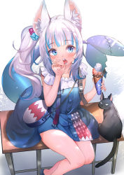 Rule 34 | 1girl, animal, animal ear fluff, animal ears, bag, bare legs, blue eyes, blue hair, blue nails, blush, commentary, dice hair ornament, feet out of frame, fins, fish tail, food, fuyouchu, gawr gura, gawr gura (casual), hair ornament, holding, holding food, hololive, hololive english, ice cream, ice cream cone, legs together, licking, licking finger, long hair, looking at viewer, multicolored hair, nail polish, official alternate costume, overalls, shark tail, sharp teeth, shirt, shoulder bag, side ponytail, sidelocks, sitting, sleeveless, sleeveless shirt, solo, streaked hair, tail, tail raised, teeth, tongue, tongue out, virtual youtuber, white hair, white shirt