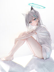 Rule 34 | 1girl, alternate costume, animal ear fluff, animal ears, bare legs, barefoot, blue archive, blue eyes, blue halo, blush, bright pupils, closed mouth, commentary, cross hair ornament, extra ears, from side, full body, grey hair, hair ornament, halo, hidulume, highres, hugging own legs, knees up, looking at viewer, mismatched pupils, shiroko (blue archive), shirt, short hair, short sleeves, simple background, sitting, solo, thighs, white background, white pupils, white shirt, wolf ears, wolf girl