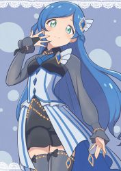 Rule 34 | 1girl, absurdres, aoba rinka, blue background, blue dress, blue hair, bow legwear, braid, cbgb, closed mouth, commentary, cowboy shot, doily, dress, green eyes, grey thighhighs, hair ornament, hand to own mouth, head tilt, highres, idol, jewelry, kiratto pri chan, layered dress, long hair, long sleeves, looking at viewer, polka dot, polka dot background, pretty series, ring, short dress, smile, solo, standing, swept bangs, thighhighs