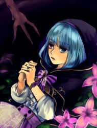 Rule 34 | 1girl, akiko (kanna), bad id, bad pixiv id, blue eyes, blue hair, bracelet, female focus, own hands clasped, heterochromia, hood, jewelry, matching hair/eyes, own hands together, pink eyes, pixiv fantasia, pixiv fantasia wizard and knight, plant, ring, solo