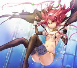 Rule 34 | 10s, 1girl, absurdres, air bubble, armadillo-tokage, ass, bad id, bad pixiv id, bikini, bikini top only, black gloves, black thighhighs, blurry, braid, breasts, bubble, cape, depth of field, detached sleeves, eyebrows, falling, fingerless gloves, floating hair, frown, gloves, hair between eyes, hair ornament, hairband, hand up, highres, holding breath, kantai collection, kawakaze (kancolle), long hair, navel, red hair, shade, side-tie bikini bottom, sideboob, solo, stomach, strap gap, swimsuit, thighhighs, torn clothes, twin braids, underwater, very long hair, water, wrist cuffs, yellow eyes
