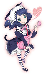 Rule 34 | 10s, 1girl, animal ears, bell, black hair, blush, cat ears, cat tail, curly hair, cyan (show by rock!!), dress, full body, gradient background, green eyes, guitar, headdress, instrument, looking at viewer, mattaku mousuke, open mouth, short hair, show by rock!!, simple background, smile, solo, striped clothes, striped thighhighs, tail, thighhighs, white background