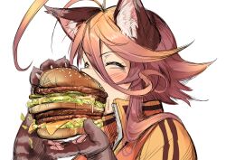 Rule 34 | 1girl, absurdres, ad, ahoge, animal ears, animal hands, big mac, blush, brown hair, brown jacket, burger, cat ears, closed eyes, commentary request, double-decker hamburger bun, eating, food, from side, full mouth, highres, holding, holding burger, holding food, huge ahoge, jacket, open mouth, original, parody, simple background, solo, too much burger, white background, yagatake arashi (nekoarashi), yana (nekoarashi)