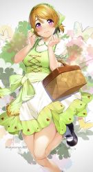 Rule 34 | 1girl, absurdres, ankle socks, apron, artist name, bare legs, basket, black footwear, blush, breasts, bug, butterfly, closed mouth, dress, facing viewer, floral background, food, green dress, green headwear, hands up, highres, holding, holding basket, holding food, insect, knee up, koizumi hanayo, light brown hair, light smile, looking at viewer, love live!, love live! school idol project, macaron, mary janes, medium breasts, nakano maru, puffy short sleeves, puffy sleeves, purple eyes, shoes, short hair, short sleeves, socks, solo, white background, white socks