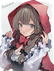Rule 34 | 1girl, braid, brown eyes, brown hair, commentary request, cosplay, frilled shirt, highres, kantai collection, little red riding hood, little red riding hood (grimm), little red riding hood (grimm) (cosplay), long hair, long sleeves, looking at viewer, one-hour drawing challenge, partial commentary, picoli1313, red hood, shinshuu maru (kancolle), solo, trait connection, twin braids, twitter username
