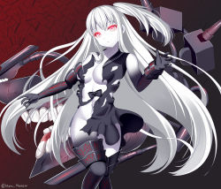 Rule 34 | 1girl, @ (symbol), abyssal ship, aircraft carrier princess, armor, artist name, bad id, bad pixiv id, black dress, black gloves, black thighhighs, breasts, collarbone, colored skin, commentary request, dress, feet out of frame, fingernails, gloves, hair between eyes, highres, kantai collection, large breasts, long hair, looking at viewer, medium breasts, nabekokoa, no bra, no panties, red eyes, sharp fingernails, side ponytail, solo, thighhighs, torn clothes, very long hair, white hair, white skin