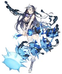 Rule 34 | 1girl, bandages, black hair, blood, blue eyes, breasts, circlet, earrings, flail, full body, fur trim, hair ornament, hair over one eye, holding, holding weapon, injury, jewelry, ji no, kaguya (sinoalice), large breasts, looking at viewer, official art, sinoalice, smoke, solo, transparent background, weapon