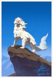 Rule 34 | animal focus, artist name, blue sky, border, claws, clear sky, covered eyes, day, facing viewer, film grain, full body, highres, lion, no humans, no lineart, original, outdoors, signature, sky, solo, twitter username, white border, white fur, yamamura le