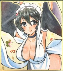 Rule 34 | 1girl, absurdres, apron, arms up, ass, black hair, breasts, butterfly swords, cleavage, highres, holding, holding weapon, iroha (samurai spirits), large breasts, leotard, leotard under clothes, lips, long sleeves, looking at viewer, maid apron, painting (medium), samurai spirits, shikishi, shiny skin, short hair, traditional media, watercolor (medium), weapon, white apron, wide hips