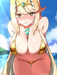 Rule 34 | 1girl, absurdres, beach, bikini, blonde hair, blue sky, blush, breasts, cleavage, commentary request, core crystal (xenoblade), gold bikini, highres, kanuici336, large breasts, long hair, looking at viewer, mythra (xenoblade), navel, ocean, outdoors, parted lips, shiny skin, signature, sky, solo, swept bangs, swimsuit, thigh gap, tiara, very long hair, xenoblade chronicles (series), xenoblade chronicles 2, yellow eyes