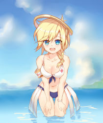 Rule 34 | 1girl, absurdres, adapted costume, alternate hairstyle, armband, armor, bad id, bad pixiv id, bent over, bikini, blonde hair, blue bikini, blue eyes, blue sky, blurry, blurry background, bracelet, braid, breasts squeezed together, breasts, cleavage, collarbone, commentary request, cowboy shot, day, derivative work, earrings, faulds, front-tie bikini top, front-tie top, halo, hands on own thighs, highres, jewelry, leaning forward, looking at viewer, mechanical halo, medium breasts, mercy (overwatch), mismatched bikini, navel, no wings, open mouth, outdoors, overwatch, overwatch 1, shi hai, single braid, sky, smile, solo, stud earrings, swimsuit, swiss flag, teeth, thigh gap, upper teeth only, wading, water, white bikini