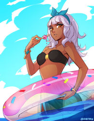 Rule 34 | 1girl, 2020, alternate costume, artist name, bare shoulders, bikini, black bikini, blunt bangs, bracelet, breasts, cloud, collarbone, colored eyelashes, commentary, cowboy shot, dark-skinned female, dark skin, doughnut innertube, english commentary, eyebrows, food, hand up, holding, holding stick, innertube, jewelry, league of legends, looking at viewer, looking to the side, medium breasts, outdoors, parted lips, pool party (league of legends), popsicle, qiyana (league of legends), see-through, see-through skirt, skirt, sky, solo, stick, swim ring, swimsuit, thick eyebrows, thigh gap, vmat, white hair, yellow eyes