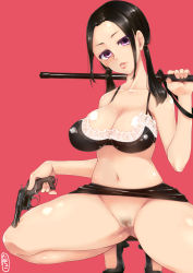 Rule 34 | 1girl, black hair, breasts, cleavage, female focus, female pubic hair, gun, hanzawa yoruka, high heels, highres, large breasts, magical girl apocalypse, mahou shoujo of the end, pink background, pubic hair, purple eyes, pussy, shiny skin, simple background, skirt, solo, tachikawa kousuke, twintails, uncensored, weapon