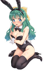 Rule 34 | 1girl, alternate costume, animal ears, bare shoulders, black bow, black footwear, black leotard, black thighhighs, blue eyes, blush, bow, bowtie, covering privates, covering breasts, detached collar, embarrassed, fake animal ears, green hair, groin, hair bow, high heels, highleg, highleg leotard, highres, legs, leotard, long hair, looking at viewer, nagayori, onegai twins, onodera karen, open mouth, playboy bunny, rabbit ears, rabbit tail, self hug, sitting, tail, tareme, thighhighs, thighs, undersized breast cup, wariza, white background, wrist cuffs, yellow bow
