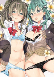 Rule 34 | aqua hair, araki kanao, black panties, blue eyes, blue panties, blush, bow, breasts, brown hair, brown jacket, collarbone, collared shirt, flower, green eyes, hair between eyes, hair ornament, hairclip, jacket, kantai collection, kumano (kancolle), large breasts, long hair, looking at viewer, navel, off shoulder, open clothes, open mouth, panties, ponytail, red neckwear, remodel (kantai collection), shirt, small breasts, suzuya (kancolle), underwear, upper body, white shirt