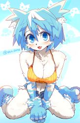 Rule 34 | 1girl, blue eyes, blue fur, blue hair, blush, breasts, cleavage, denim, denim shorts, eyebrows, fang, furry, furry female, highres, large breasts, looking at viewer, micro shorts, open mouth, original, shirosu, short hair, shorts, smile, solo, twitter username, white fur