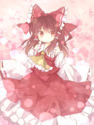 Rule 34 | 1girl, bad id, bad pixiv id, bow, brown hair, detached sleeves, dress, female focus, hair bow, hakurei reimu, japanese clothes, mari audio, miko, red dress, red eyes, smile, solo, touhou