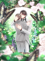Rule 34 | 2boys, absurdres, araragi soushi, blurry, blurry foreground, brown hair, bug, butterfly, day, flower, formal, glasses, grey pants, highres, hug, insect, multiple boys, necktie, official art, outdoors, pants, pocket square, short hair, standing, suit, white flower, white necktie, white suit, yaoi