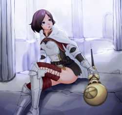 Rule 34 | 1girl, armor, blue eyes, breastplate, breasts, brown hair, cape, chestnut mouth, cosplay, dragon&#039;s dogma, dragon&#039;s dogma (series), gauntlets, greaves, lace-up thighhighs, mercedes marten, pawn (dragon&#039;s dogma), shingata pono, short hair, sitting, small breasts, solo, staff