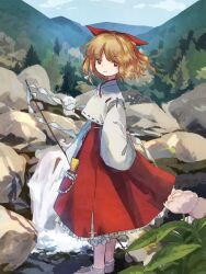 Rule 34 | 1girl, averting eyes, blonde hair, blonde shrine maiden from a future era (touhou), bow, commentary request, day, detached sleeves, expressionless, gohei, hair bow, holding, holding gohei, japanese clothes, kariginu, long sleeves, miko, ofuda, outdoors, parody, pocket, portrait of exotic girls, red bow, retrochaossan, shirt, short hair, solo, touhou, water, waterfall, wavy hair, white shirt, white sleeves, wide sleeves, zun (style)