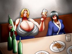 Rule 34 | 2girls, age difference, alcohol, bare shoulders, black eyes, black hair, blinking, blonde hair, blush, bottle, breasts, chopsticks, cleavage cutout, clothing cutout, cup, curvy, drunk, female focus, gigantic breasts, highres, japanese clothes, kimono, large breasts, lipstick, looking at viewer, makeup, mature female, multiple girls, muscular arms, naruto (series), old, old woman, one eye closed, orange eyes, plate, shizune (naruto), short hair, sitting, table, tsunade (naruto), yukata
