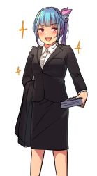 Rule 34 | 1girl, :3, :d, alternate costume, alternate hairstyle, black jacket, black skirt, blue hair, blush, book, collared shirt, commentary request, fangs, formal, hair ornament, holding, i-19 (kancolle), jacket, kantai collection, long hair, long sleeves, looking at viewer, office lady, open mouth, pencil skirt, ponytail, red eyes, satsuki neko, shirt, simple background, sketch, skirt, skirt suit, smile, solo, sparkle, standing, suit, white background, wing collar