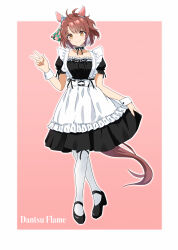 Rule 34 | 1girl, absurdres, ahoge, alternate costume, animal ears, blush, breasts, brown eyes, brown hair, character name, cleavage, collarbone, commentary request, dantsu flame (umamusume), enmaided, highres, horse ears, horse girl, horse tail, looking at viewer, maid, medium breasts, medium hair, open mouth, pantyhose, smile, solo, standing, tail, take20131004, umamusume