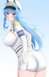 Rule 34 | 1girl, ass, blue eyes, blue hair, blush, breasts, clothes pull, dress, dress pull, dress tug, embarrassed, from behind, gloves, goddess of victory: nikke, hat, helm (nikke), highres, large breasts, leaning, leaning forward, long hair, looking at viewer, military, military uniform, pantylines, raabbittt, shiny skin, short dress, sideboob, solo, uniform, very long hair