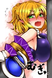 Rule 34 | 1girl, against wall, arm warmers, blonde hair, blush, breast press, breasts, ear blush, green eyes, highres, large breasts, looking at viewer, mizuhashi parsee, open mouth, pointy ears, roki (hirokix), short hair, solo, touhou