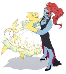 Rule 34 | 2girls, alphys, bad id, bad tumblr id, bare shoulders, barefoot, black footwear, blue skin, blush stickers, breasts, cleavage, colored sclera, colored skin, creature, dress, eyepatch, eyeshadow, fins, full body, glasses, grin, head fins, high heels, highres, holding up, jewelry, kkhoppang, makeup, monster girl, multiple girls, necklace, open mouth, ponytail, red hair, ribbon, scar, shadow, sharp teeth, shoes, simple background, sleeveless, sleeveless dress, smile, standing, tail, teeth, undertale, undyne, white background, yellow sclera, yellow skin, yuri