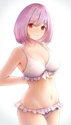 Rule 34 | 10s, 1girl, absurdres, arms behind back, bare shoulders, bikini, blush, breasts, cleavage, collarbone, curvy, frilled bikini, frills, gridman universe, highres, kannko bokujou, large breasts, looking at viewer, md5 mismatch, navel, orange eyes, pink hair, resolution mismatch, shinjou akane, short hair, simple background, smile, solo, source smaller, ssss.gridman, swimsuit, white background, white bikini